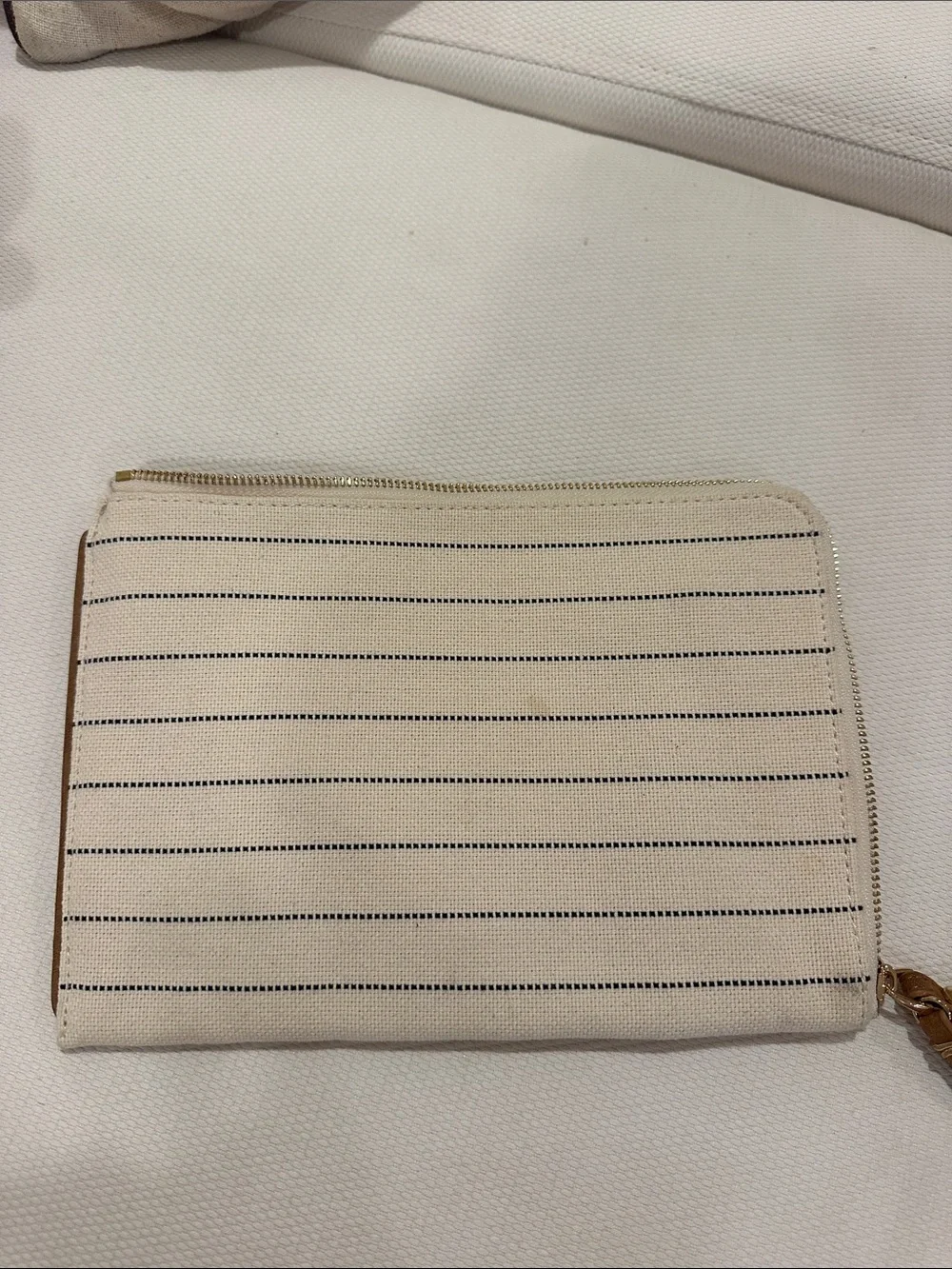Neiman Marcus Cream Canvas Striped Zip Pouch with Black Pinstripes